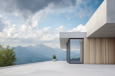 Detail of modern villa with concrete and wood look and spacious terrace. Villa is located in middle of alpine landscape. AI generated clipart