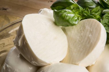 Tahtada fesleğenli taze İtalyan mozzarella peyniri 
