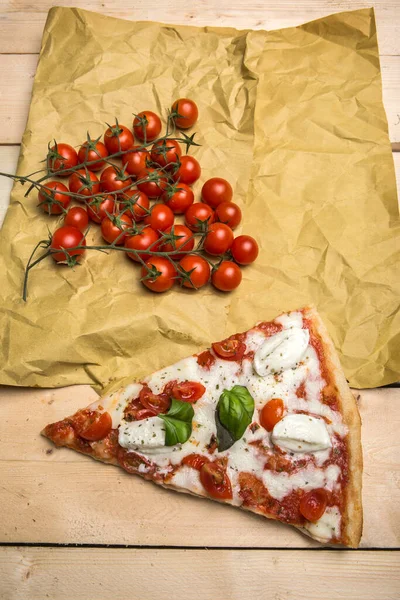 Pizza Wedge Tomatoes Mozzarella Table Viewed — Stock Photo, Image