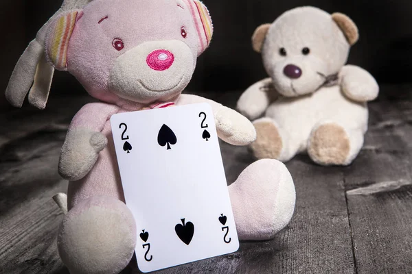 Little Teddy Bears Wooden Background Hold Playing Cards Two Spades — Stock Photo, Image