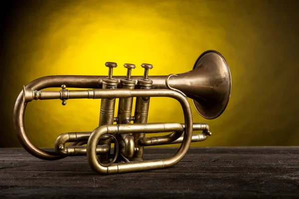 Brass Trumpet Wooden Top — Stock Photo, Image