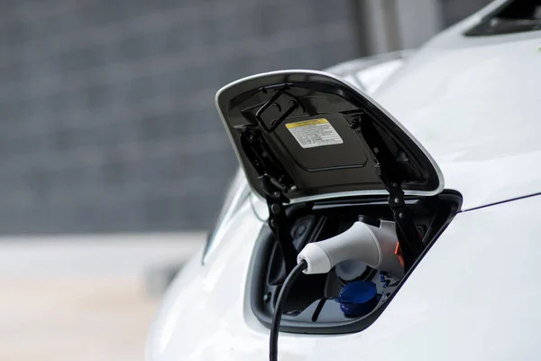 白色電気自動車の充電コネクタの詳細充電ステーションからの充電中に — ストック写真