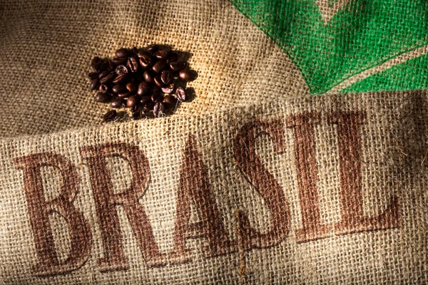 Written Brasil Coffee Beans Sack Jute — Stock Photo, Image
