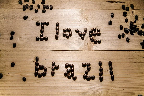 Written Coffee Beans Love Brazil Wooden Table — Stock Photo, Image