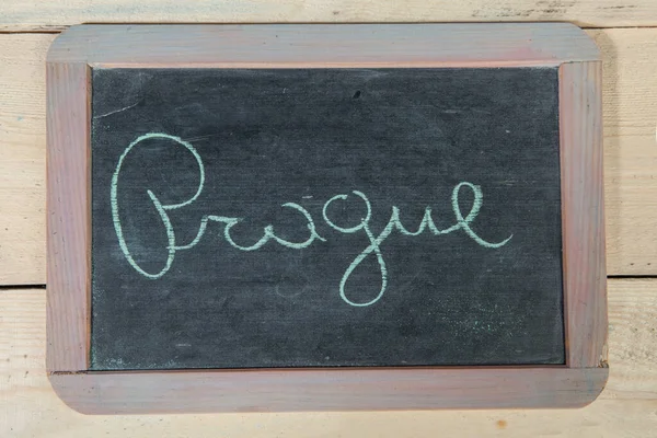 School Blackboard Wooden Table Prague Written — Stock Photo, Image
