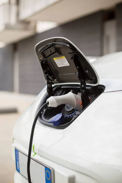 Detail Charging Connector White Electric Car While Charging Charging Station — Stock Photo, Image