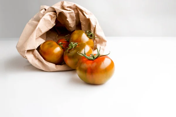 白底纸袋中的番茄 — 图库照片