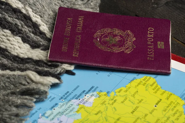 Italian Passport Placed Table Next Other Objects Together Geographical Map — Stock Photo, Image