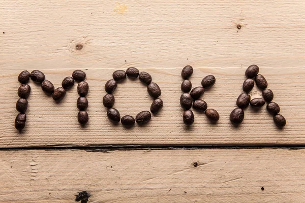 Written Moka Wooden Boards Coffee Beans — Stock Photo, Image
