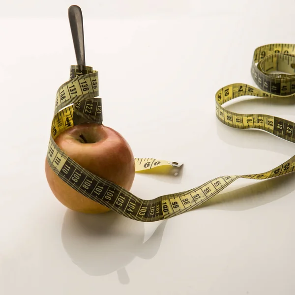 Apple Measuring Tape Tailor Spoon White Background — Stock Photo, Image