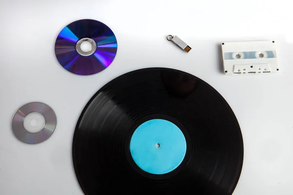 Cassette Vinyl Record Usb Key White Background — Stock Photo, Image