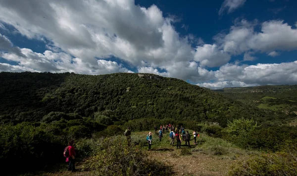 Skupina Trekkers Procházky Horách Obklopen Přírodou — Stock fotografie