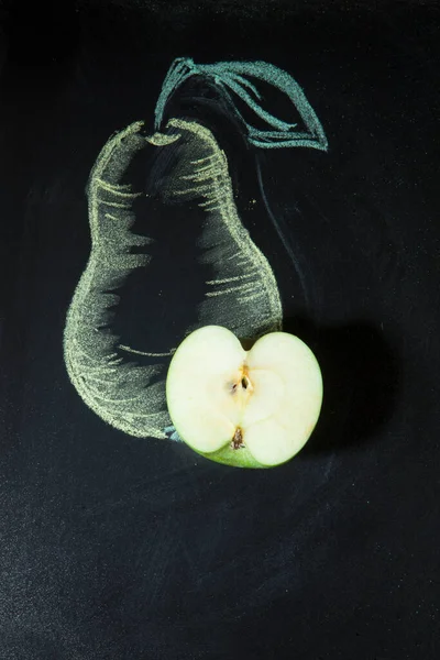 Fresh Apple Pear Drawn Black Background — Stock Photo, Image