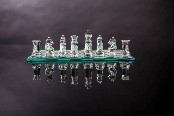 Glass Chess Chessboard Reflected Dark Surface — Stock Photo, Image