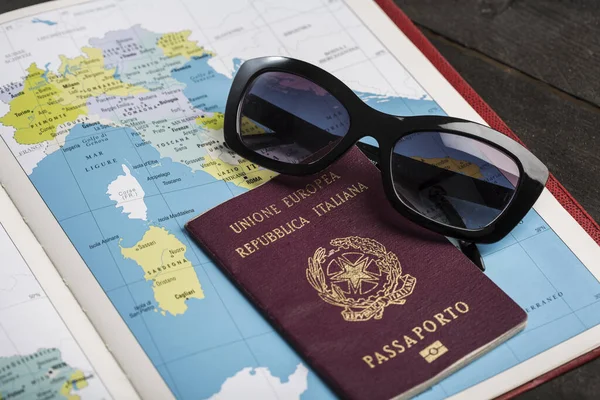 Italian Passport Placed Table Next Other Objects Together Geographical Map — Stock Photo, Image