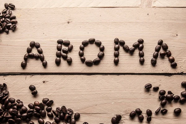 Written Aroma Wooden Boards Coffee Beans — Stock Photo, Image