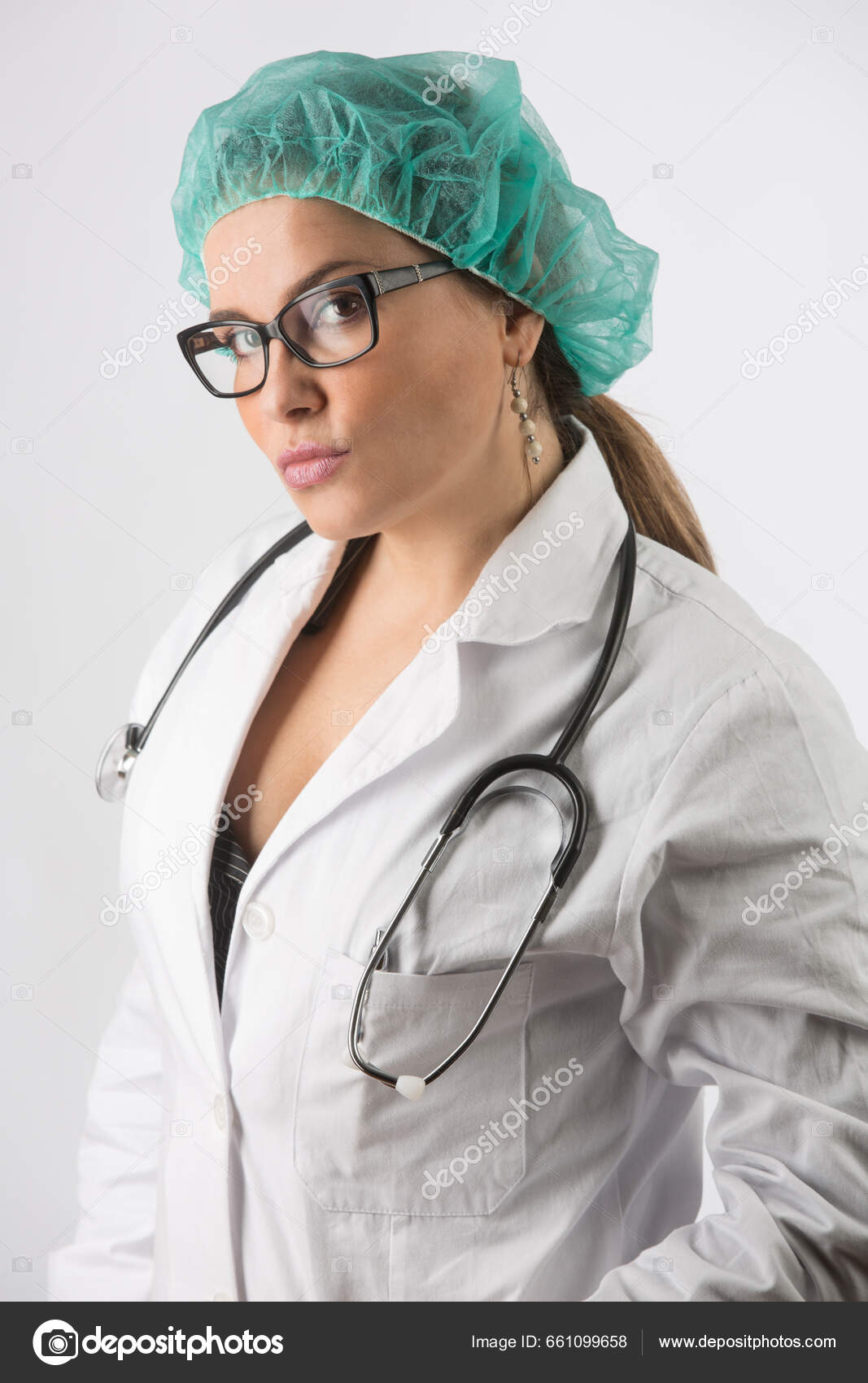 Portrait Beautiful Blonde Female Doctor Eyeglasses Green Bonnet