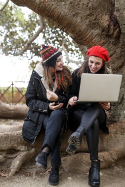 Park yerinde dizüstü bilgisayar kullanan iki genç kadın.