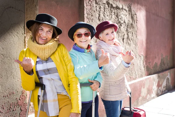 Ältere Touristen Mit Hüten Und Bunten Klamotten Spazieren Mit Ihren — Stockfoto