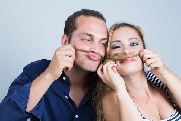 Happy Young Couple Mustache Having Party — Stock Photo, Image