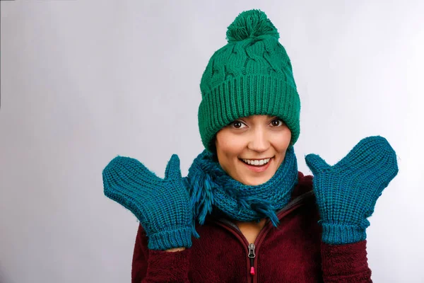 Beautiful Girl Green Hooded Sweatshirt Scarf Gloves Having Fun Isolated — Stock Photo, Image