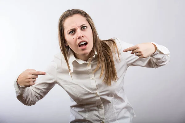 Blonde Woman Dressed White Shirt Protests Furiously Gesturing Showing Disappointment — Stock Photo, Image