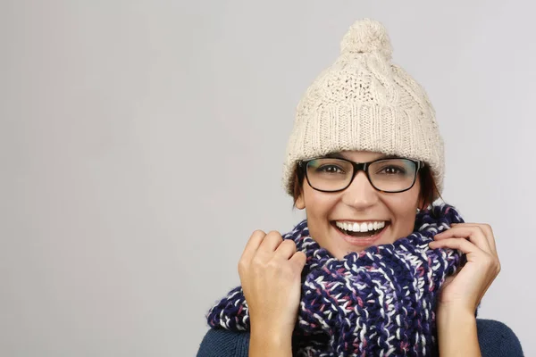 Girl Cap Glasses Smiles Amused Isolated White Background — Stock Photo, Image