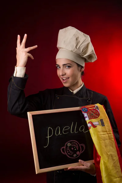 Cuisinier Espagnol Avec Drapeau Tableau Noir Avec Paella Écrit Dessus — Photo