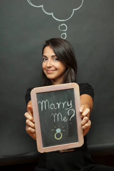 Woman Brown Hair Dressed Black Holds Blackboard Marry Written Isolated — Stock Photo, Image