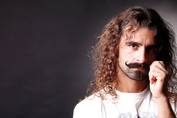 Man Handlebar Mustache Long Hair Looks Serious — Stock Photo, Image