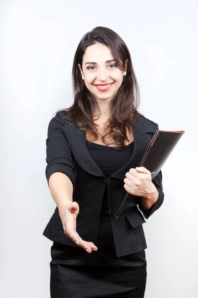 White Girl Dark Hair Business Suit Makes Gesture Shaking Hands — Stock Photo, Image
