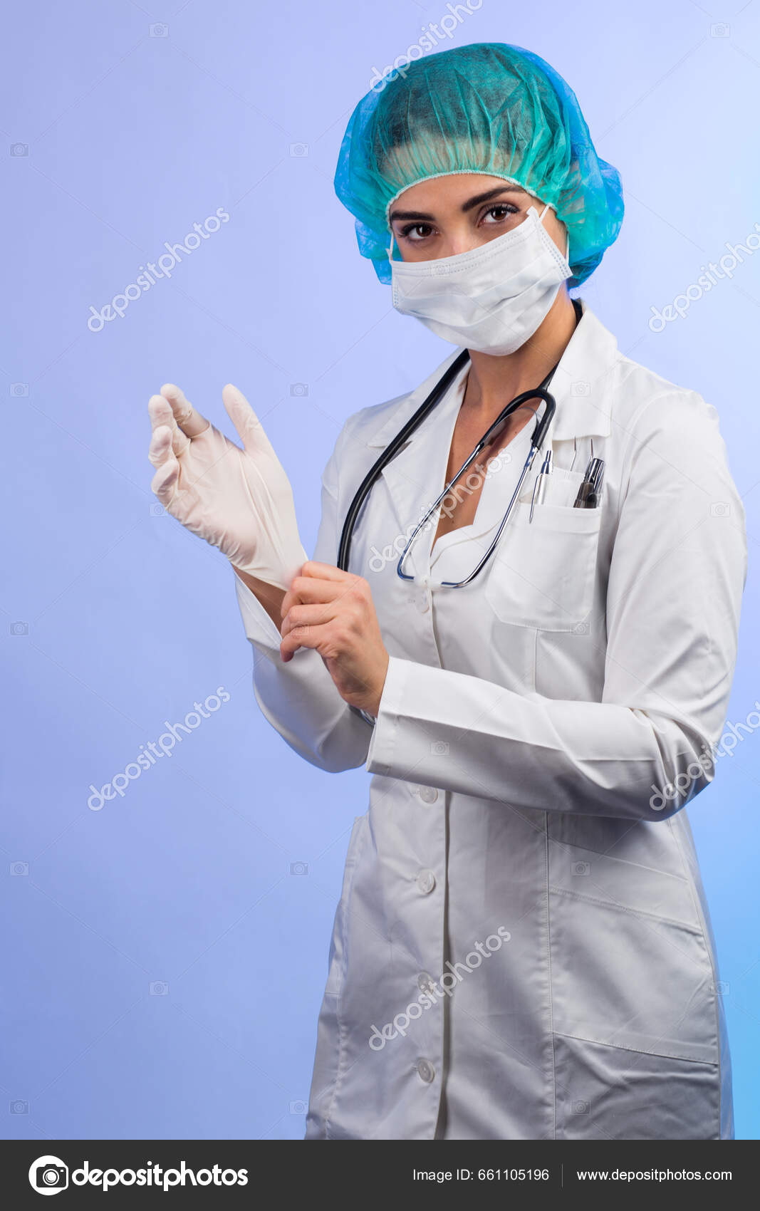 Female Doctor White Coat White Face Mask Green Bonnet Hair Stock
