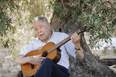 Gitar çalan yaşlı bir adamın portresi