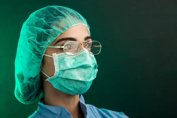 Doctor Blue Lab Coat Green Operating Theater Cap Facial Surgical — Stock Photo, Image