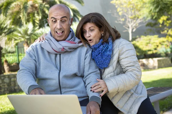 Ehepaar Mittleren Alters Nutzt Laptop Herbst Park — Stockfoto