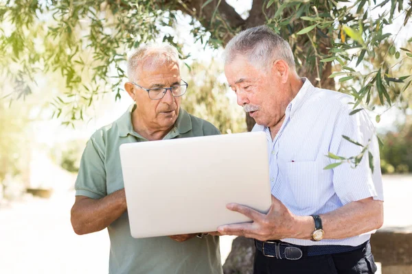 Senior Benutzte Laptop Garten — Stockfoto