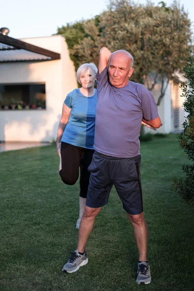 Evde Egzersiz Yapan Mutlu Yaşlı Çift Aktif Sağlıklı Yaşam Tarzı — Stok fotoğraf