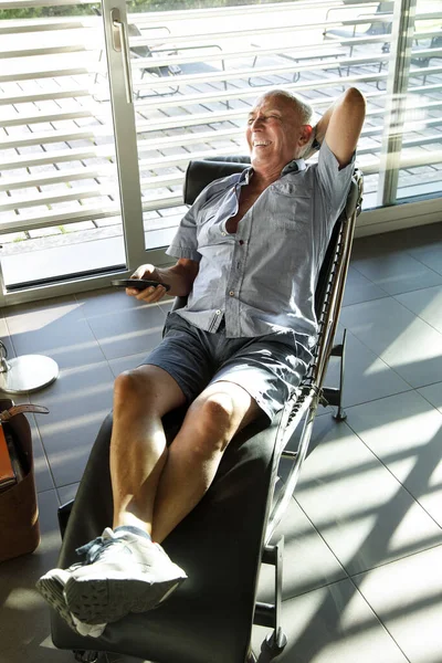 Seventy Year Old Elder Relaxes Armchair His Living Room — Stock Photo, Image