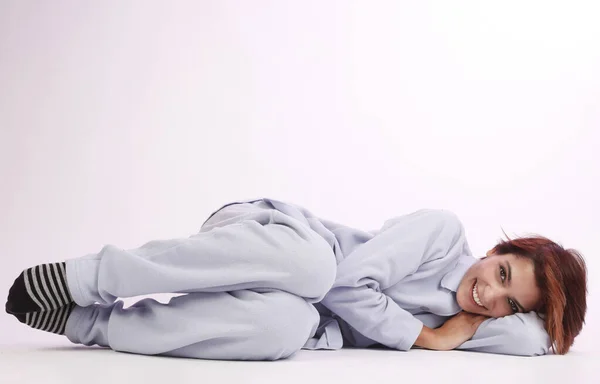Menina Pijama Feliz Seu Despertar Isolado Fundo Branco Preto Branco — Fotografia de Stock