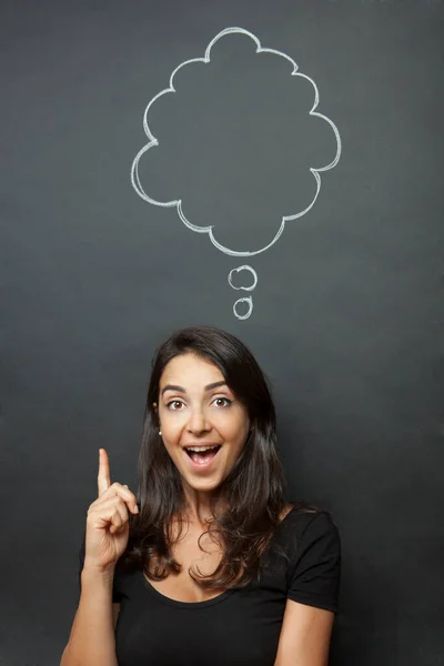 Thinking Smiling Woman Looking Many Bubbles Idea Cloud Sign Dark — Stock Photo, Image