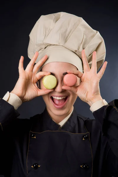 Chef Woman Uniform Chef Hat Jokes Pair Macarons Isolated Black — Stock Photo, Image
