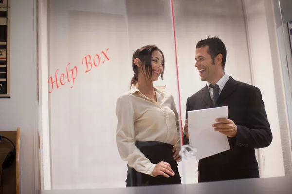 Couple Elegantly Dressed Business Colleagues Discuss Standing Windowed Office — Stock Photo, Image