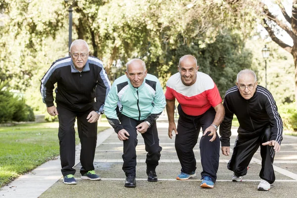 Group Happy Senior Men Running Park — Stock Photo, Image