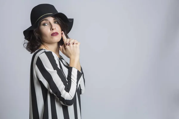 Woman Striped Shirt Hat Posing Studio — Stock Photo, Image