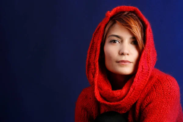 Beautiful Girl Red Sweater Bob Hair Isolated Blue Background — Stock Photo, Image