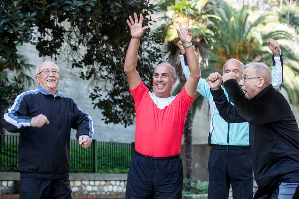 Group Happy Senior Men Running Park — Stock Photo, Image