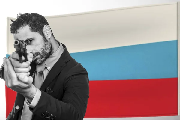 Affärsman Kostym Med Pistol Flagga Ryssland Bakgrund — Stockfoto