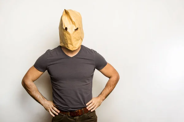 Homem Com Saco Papel Cabeça — Fotografia de Stock