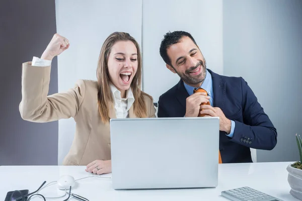 Pair Business Colleagues Happy Results Achieved Sitting Office Front Desk — Stock Photo, Image