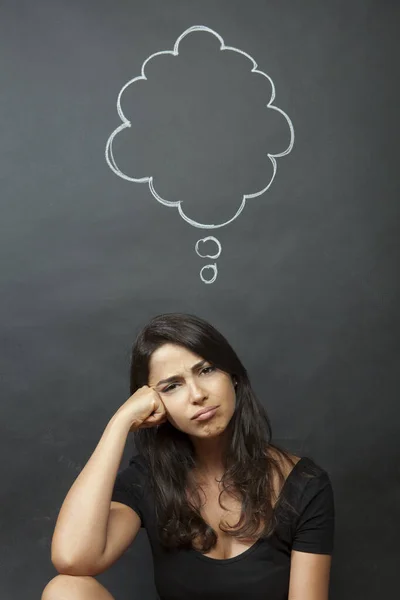 Dark Haired Girl Makes Funny Face Speech Bubble Drawn Background — Stock Photo, Image